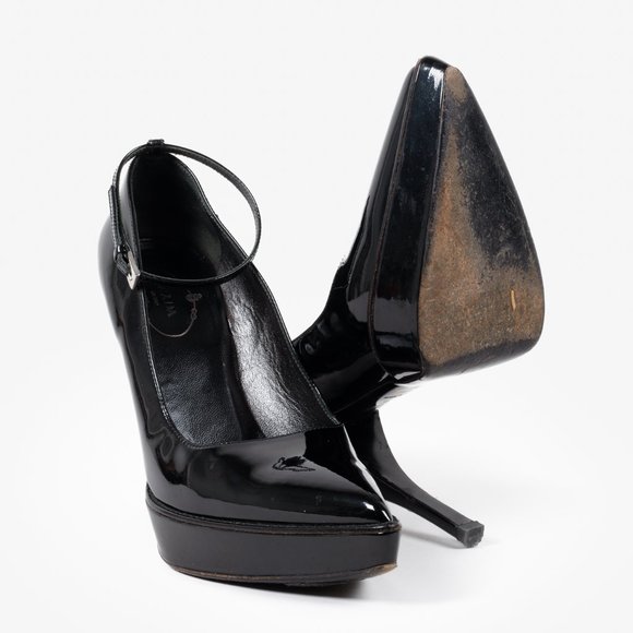 Prada Black Patent Leather Ankle Strap Platform Pumps - Picture 5 of 9